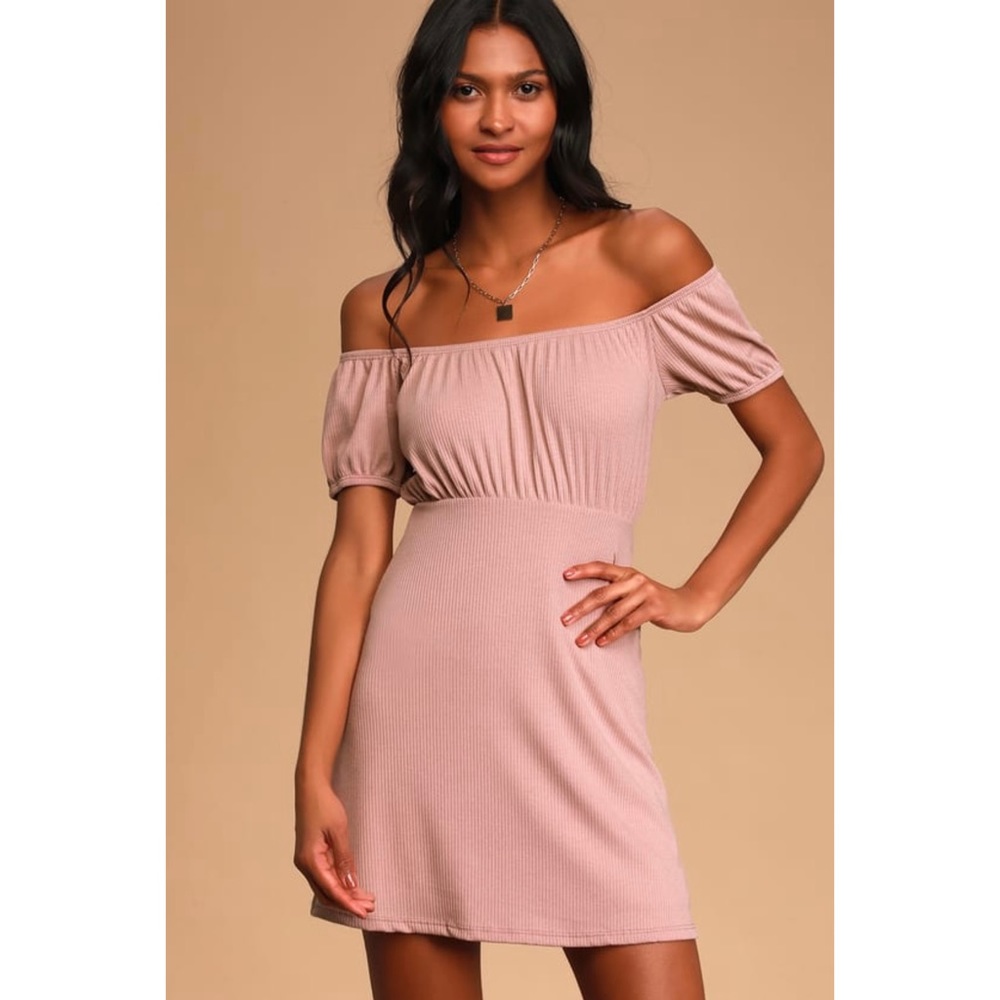 Lulus Mauve Ribbed Off-The-Shoulder Mini Dress